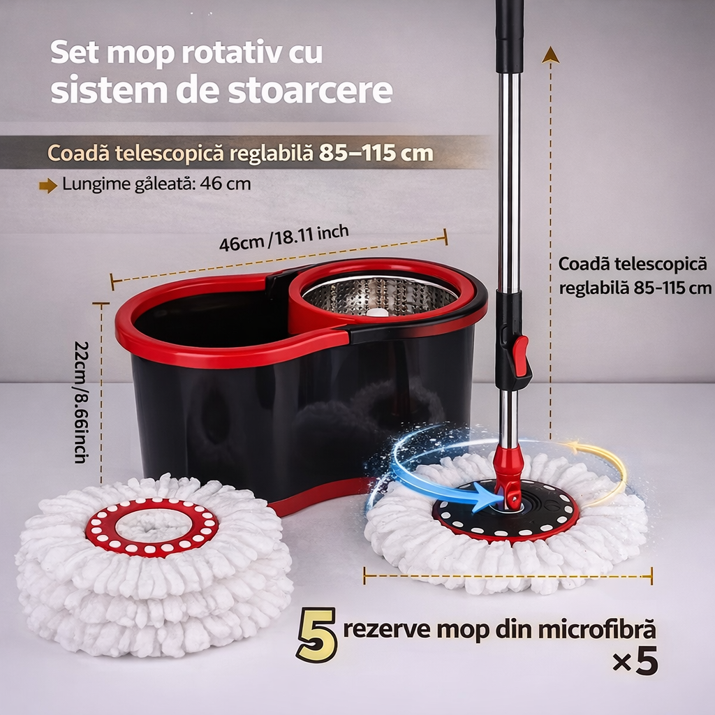 Set Mop Rotativ 360 cu Galeata si Cuva Inox, 5 Rezerve Mop