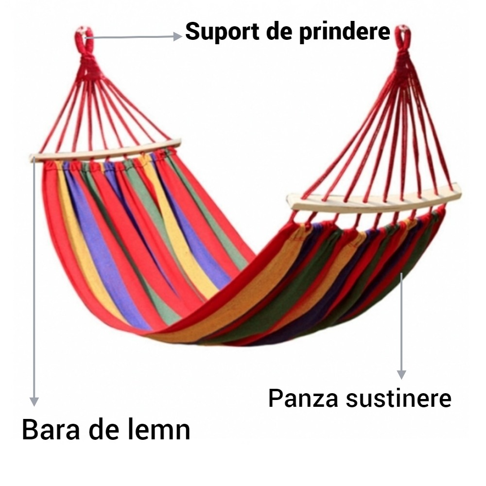 Hamac dublu bumbac cu bara de lemn