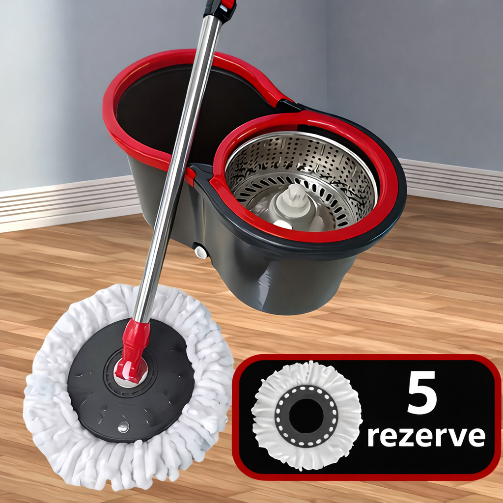 Set Mop Rotativ 360 cu Galeata si Cuva Inox, 5 Rezerve Mop