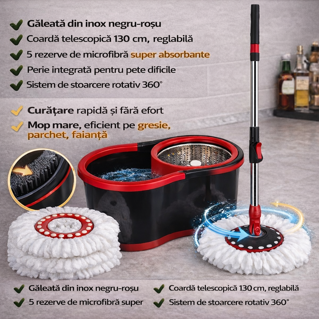 Set Mop Rotativ 360 cu Galeata si Cuva Inox, 5 Rezerve Mop