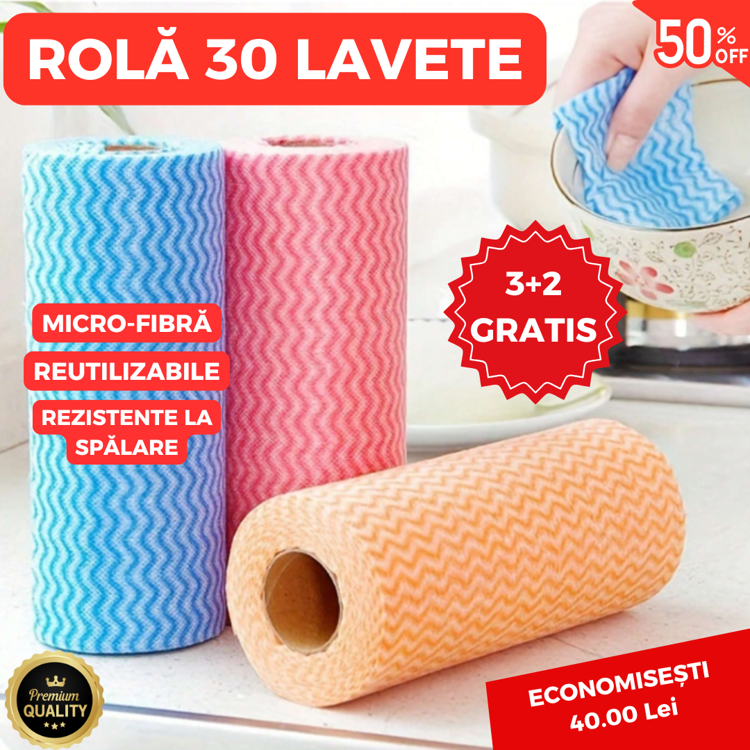 ROLĂ 30 LAVETE MICRO-FIBRĂ 3+2 GRATIS