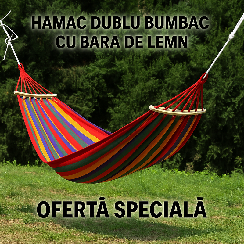 Hamac Dublu Bumbac Cu Bară De Lemn