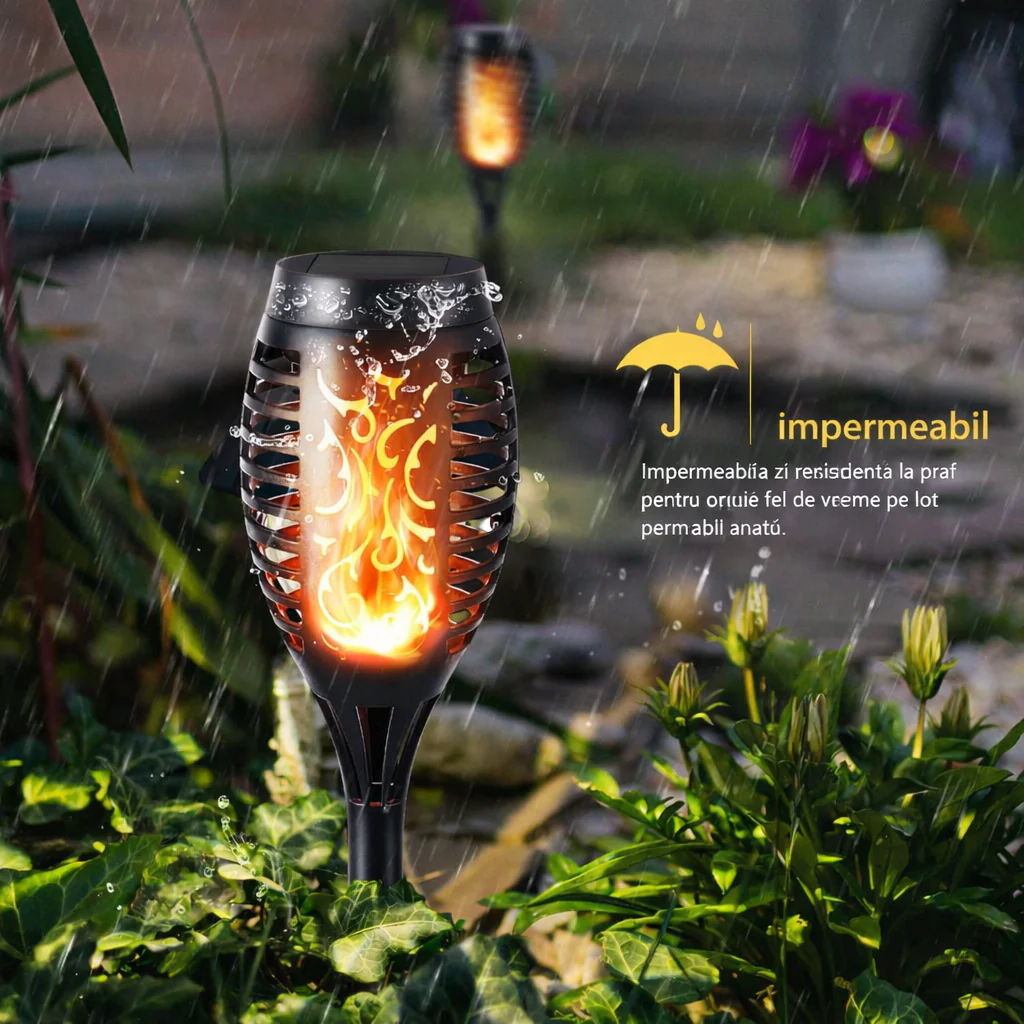 Set 8 Lampi Solare pentru Gradina, cu Efect Flacara. Inaltime 51 cm, Rezistenta la Ploaie (IP65), Mod automat Noapte/Zi