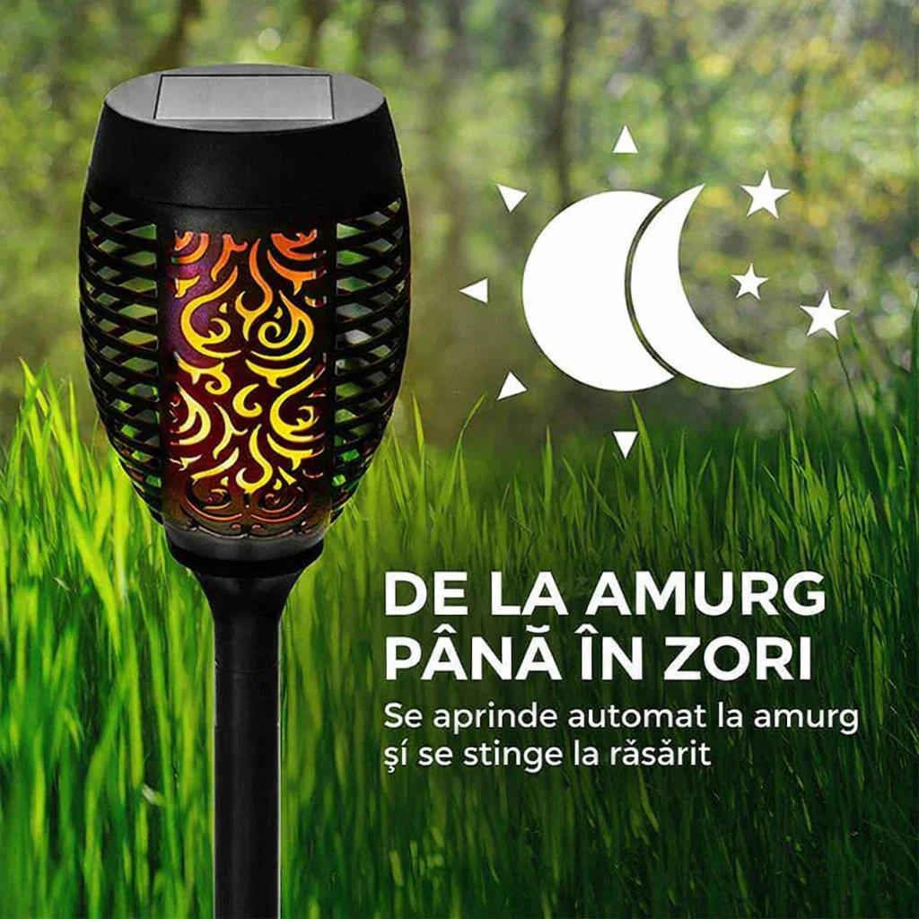 Set 8 Lampi Solare pentru Gradina, cu Efect Flacara. Inaltime 51 cm, Rezistenta la Ploaie (IP65), Mod automat Noapte/Zi