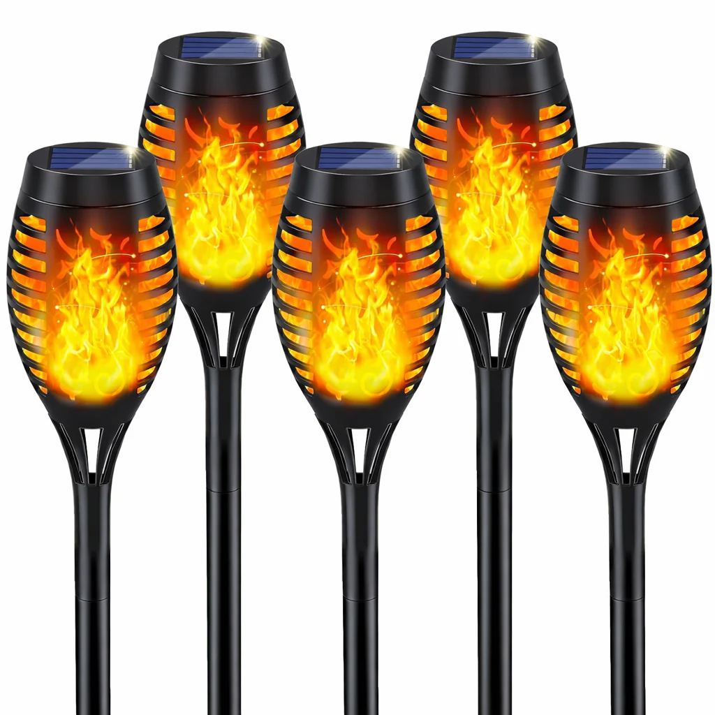 Set 8 Lampi Solare pentru Gradina, cu Efect Flacara. Inaltime 51 cm, Rezistenta la Ploaie (IP65), Mod automat Noapte/Zi