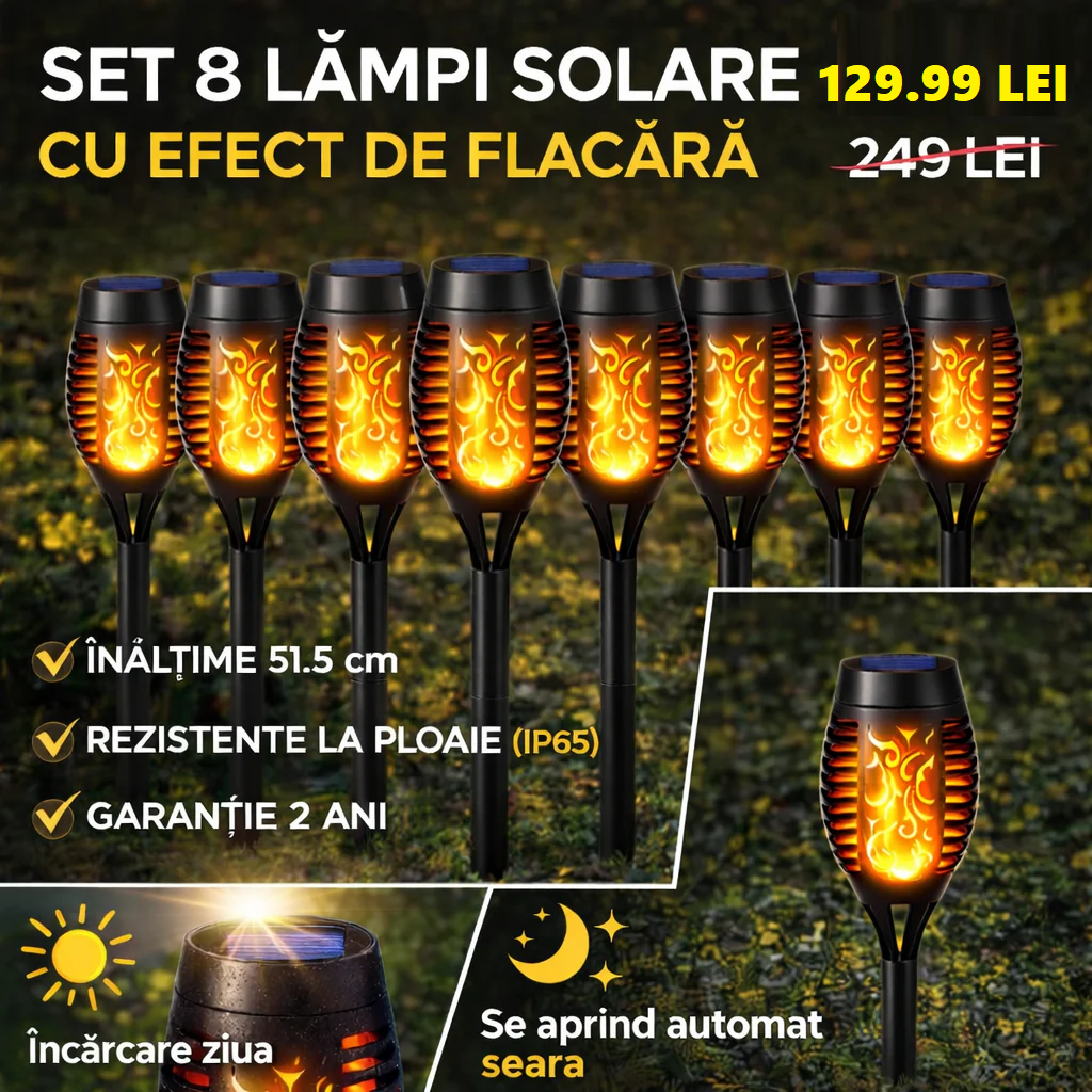 Set 8 Lampi Solare pentru Gradina, cu Efect Flacara. Inaltime 51 cm, Rezistenta la Ploaie (IP65), Mod automat Noapte/Zi