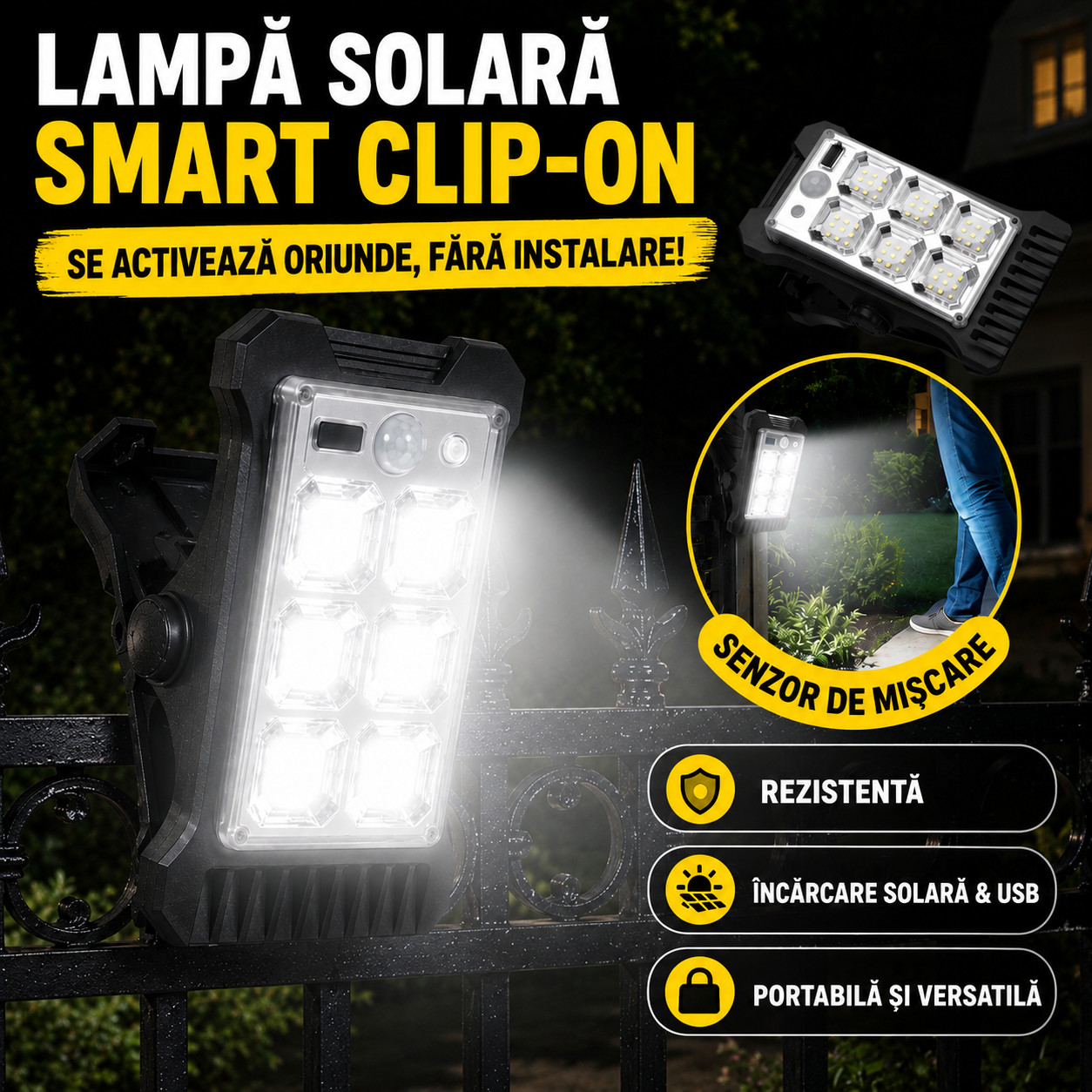 Lampă Solară Portabilă cu Clips