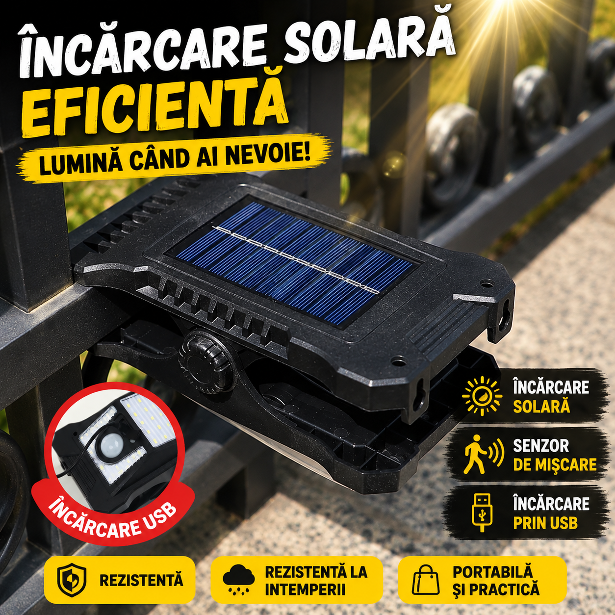 Lampă Solară Portabilă cu Clips