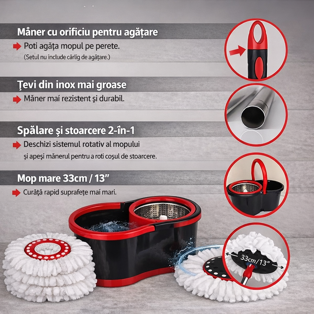 Set Mop Rotativ 360 cu Galeata si Cuva Inox, 5 Rezerve Mop